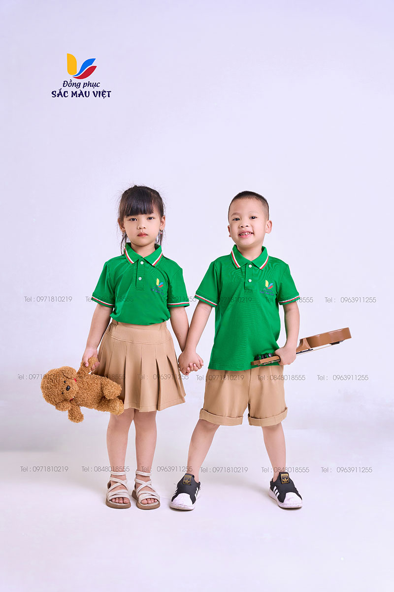 Mẫu đồng phục áo xanh két phối quần,váy màu be