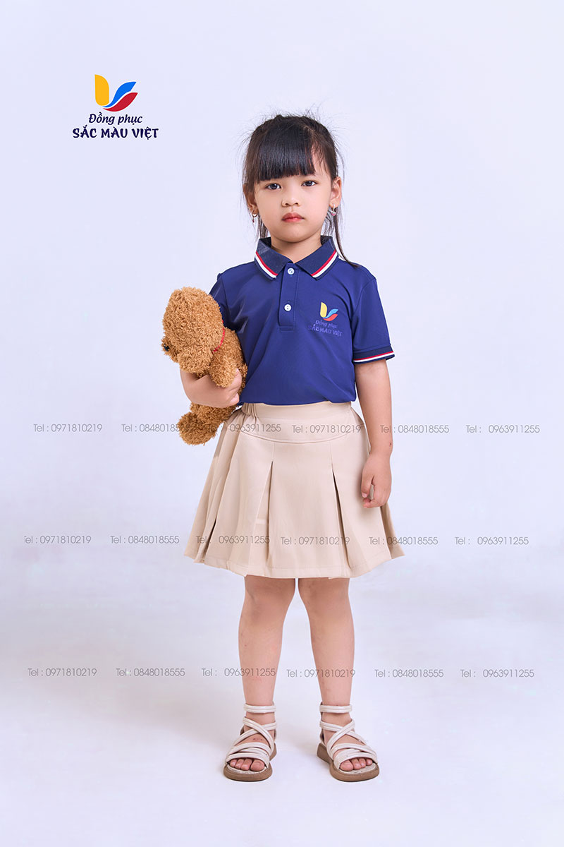 Mẫu đồng phục áo xanh than phối quần,váy màu be